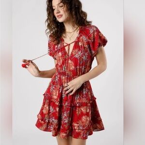 Band of Gypsie NWT S Connie Garnet RED Floral tiered tie tassel neck mini dress